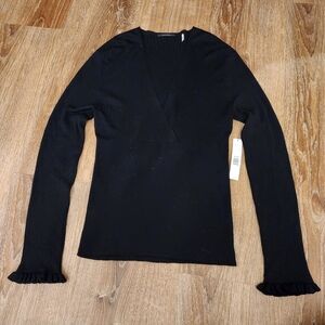 Elie Tahari Black V-Neck Long Sleeve 100% Extrafine Merino Wool Top